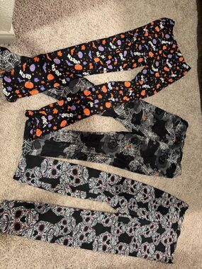 3 pairs of Halloween Skull & Spiderweb Printed Leggings - Black/Orange/Purple- S